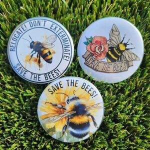 Set of 3 Button Pins Round Pin Lapel Pinback Beekeeping Honeybees Bee Save the B